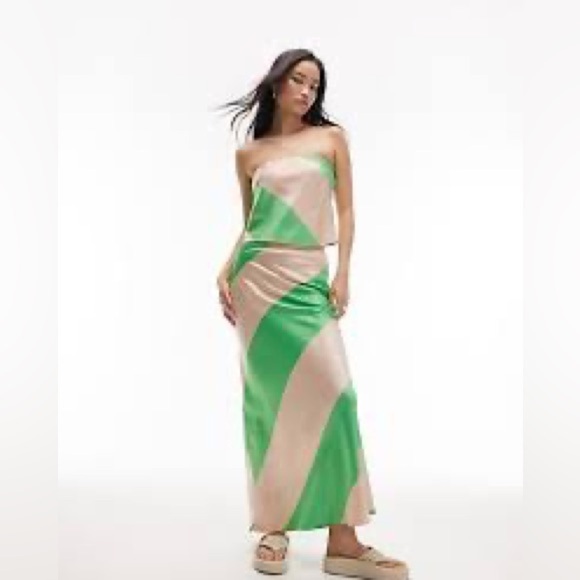 Topshop Wide Stripe Maxi Skirt Neon Green Cream Size 2 NWT - Picture 4 of 11